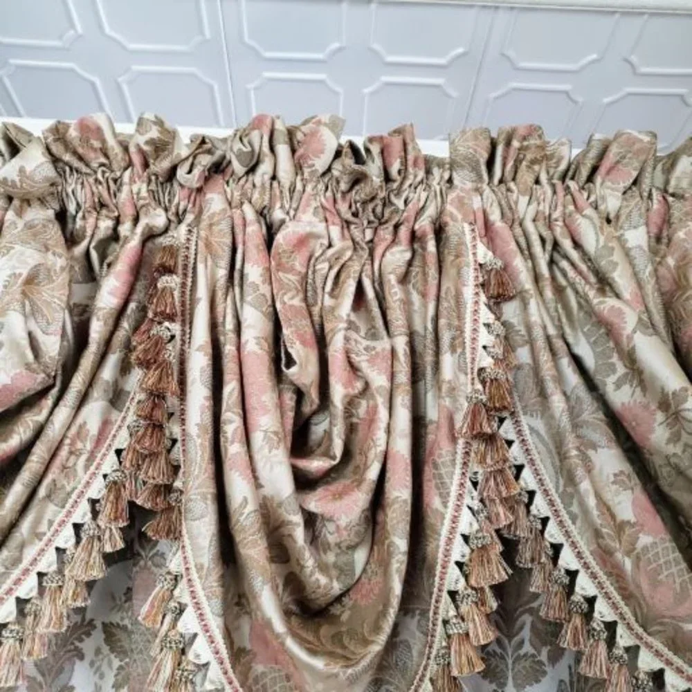JC Penney Drapes Waterfall Valances 100Wx85L Tan Floral Jacquard Lined Vtg 7pcs